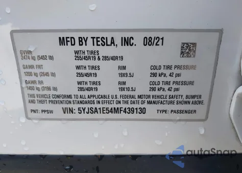 2021 Tesla Model S Long Range Dual Motor All-Wheel Drive z USA, uszkodzony, nr VIN 5YJSA1E54MF439130